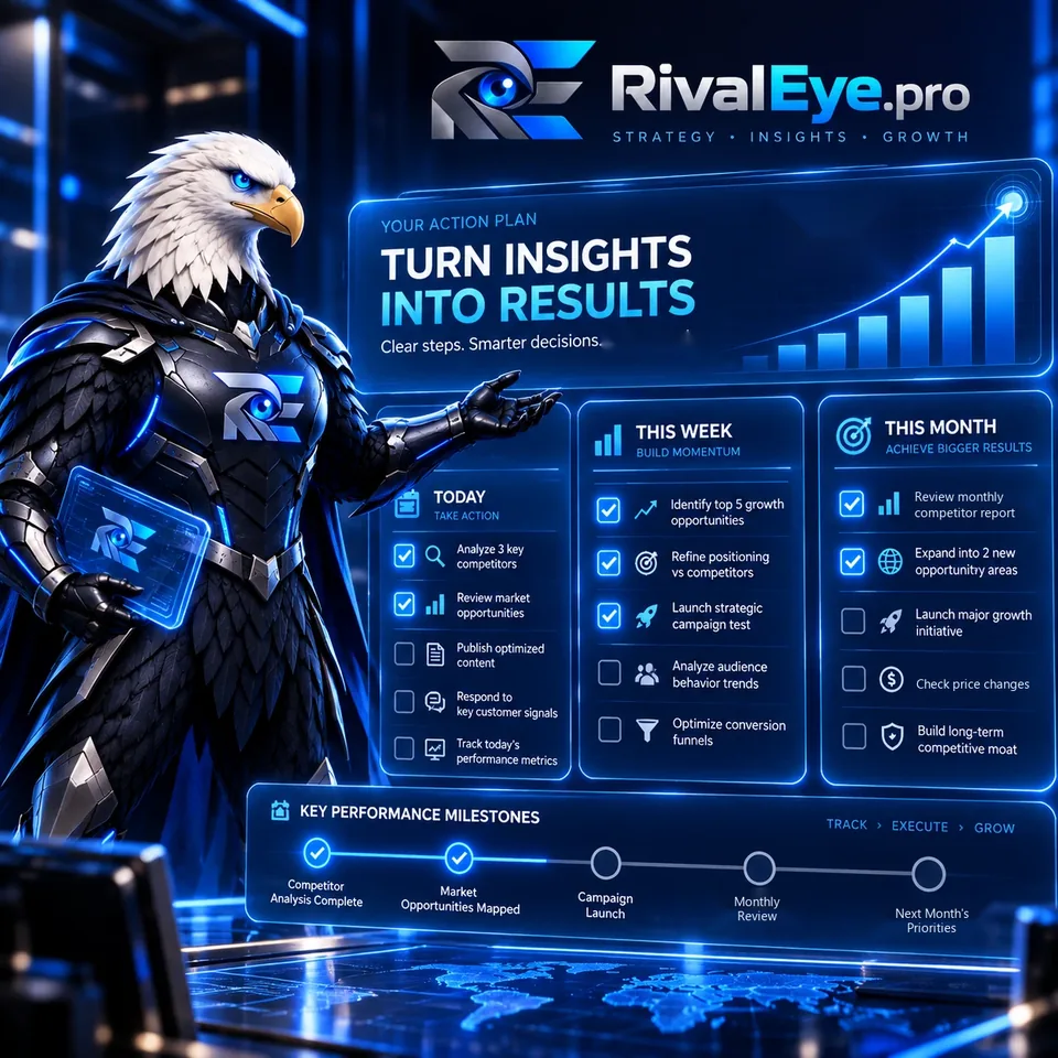 Illustration: Der RivalEye Adler präsentiert einen englischsprachigen Aktionsplan mit den Spalten Today, This Week und This Month