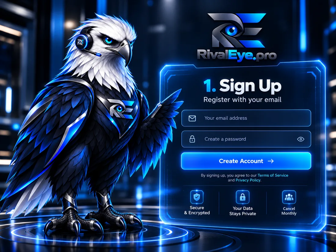 Illustration: Der RivalEye Adler mit Headset neben einem Anmeldeformular der geplanten App